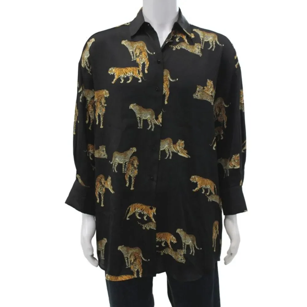 Zara Mens Tiger Print Button Down Shirt Black Brown Size Extra Small